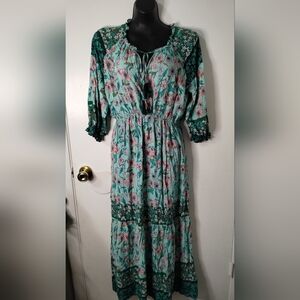 Umgee Maxi Dress Sz S Tiered Prairie Floral Blue & Pink Boho Gypsy‎ Hippie